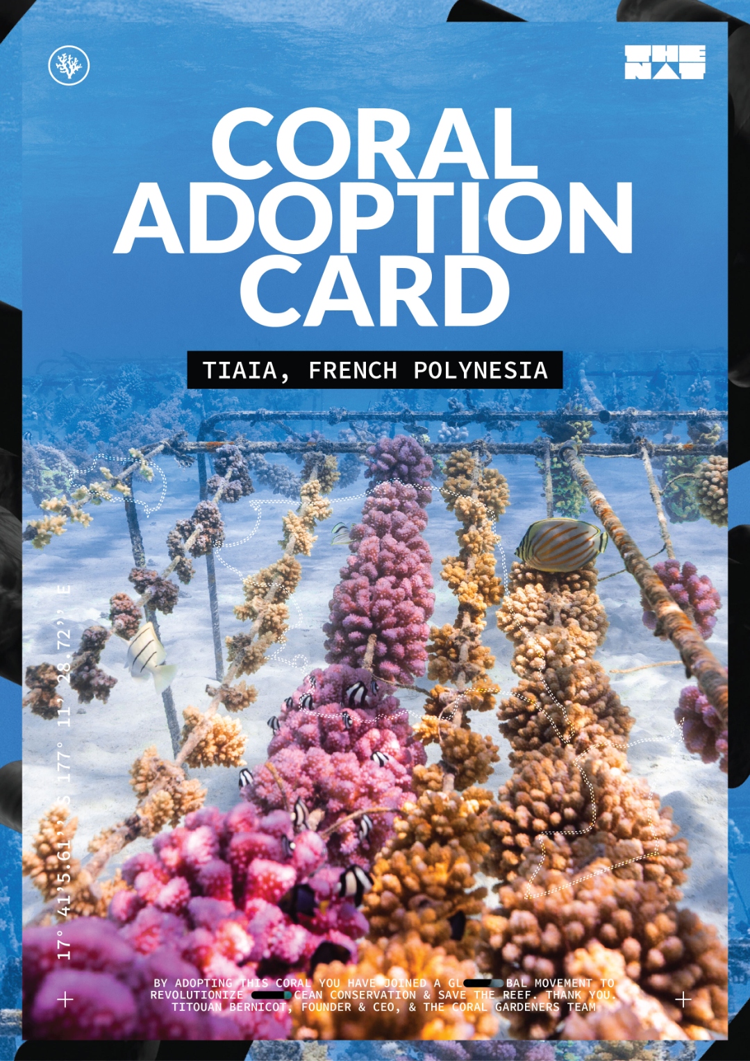 A physical Coral Adoption Card from Tiaia, Mo'orea