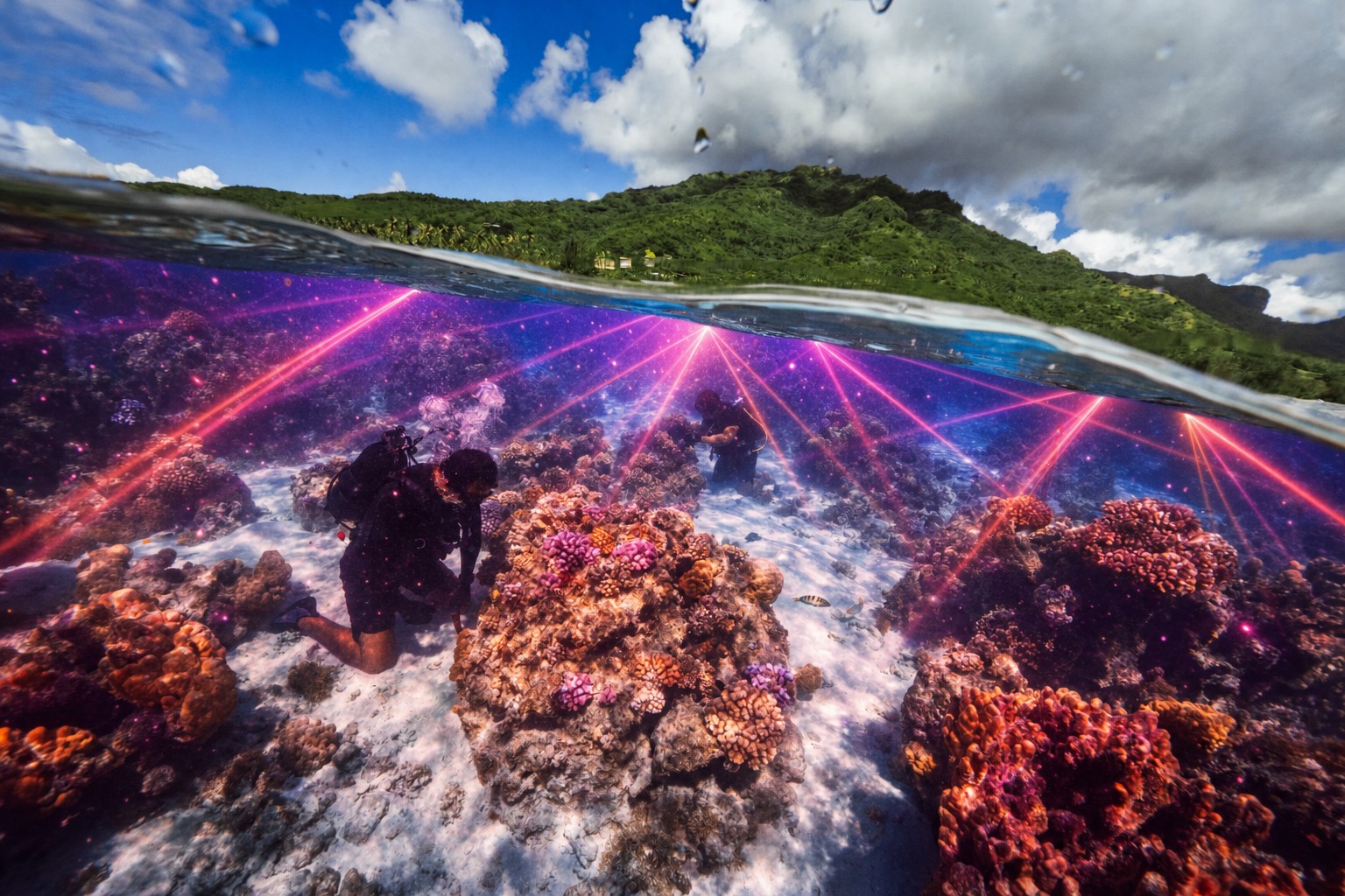 Divers exploring the real coral reef at Tiaia, Mo'orea, lit with rave-style neon lasers